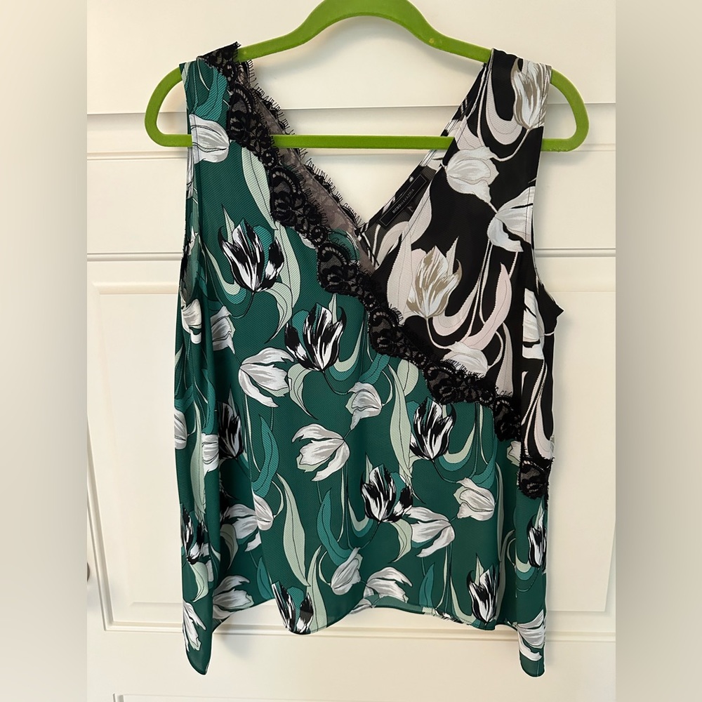 BCBGMaxAzria Green + Black Floral Print Tank
